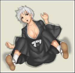  bleach breasts brown_eyes cleavage deep_rising female female footwear from_above full_body japanese_clothes kotetsu_isane legs_up lying on_back sandals shadow short_hair silver_hair socks solo thor_(deep_rising) 