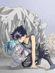  1boy black_hair brother_and_sister cathexis female female green_hair hiei japanese_clothes kimono long_hair male red_eyes short_hair siblings spiked_hair yu_yu_hakusho yukina_(yu_yu_hakusho) yuu_yuu_hakusho 