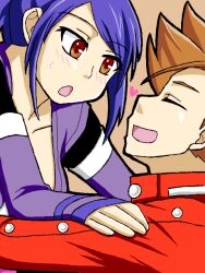  blush brown_eyes brown_hair closed_eyes heart lloyd_irving open_mouth purple_hair sheena_fujibayashi smile tales_of_(series) tales_of_symphonia 