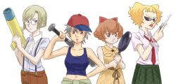  4girls baseball_bat blonde_hair bow brown_hair claire_forrest frying_pan kate_ashley knife mother_(game) multiple_girls parody rachel_benning red_garden rose_sheedy school_uniform short_hair sunglasses 