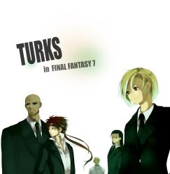  4boys bald black_hair blonde_hair blue_eyes brown_eyes earrings elena_(ff7) female female final_fantasy final_fantasy_vii formal highres hiyo_kiki hiyokiki jewelry long_hair male multiple_boys necktie red_hair reno rude rufus_shinra short_hair suit sunglasses tseng turks 