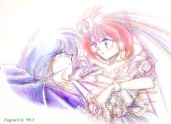  1boy blue_hair bouquet dress eye_contact female flower lina_inverse looking_at_another red_hair red_hair rose slayers wedding_dress zelgadis_greywords zelgadiss_graywords zelgadiss_greywords zellina 