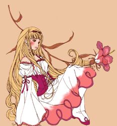  blonde_hair corset dress female flower gensou_suikoden gensou_suikoden_v hair_ribbon haruo long_hair luserina_barows ribbon skirt solo suikoden suikoden_v 