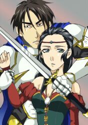  1boy armor bare_shoulders black_hair brother_and_sister dress female female gensou_suikoden gensou_suikoden_ii green_eyes jillia_blight komeco long_hair luca_blight male short_hair siblings suikoden suikoden_ii sword tiara weapon 