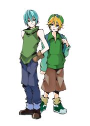  2boys cosplay digimon digimon_adventure hatsune_mikuo ishida_yamato kagamine_len male male_focus milenkuo multiple_boys takaishi_takeru vocaloid 