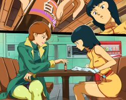  2girls black_hair brown_hair fa_yuiry gloves gundam leaning_forward lipstick makeup multiple_girls opocom reccoa_londe sitting table volvox zeta_gundam 