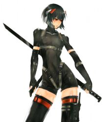  2d artist_request black_hair bodysuit elbow_gloves female female fingerless_gloves ghost_in_the_shell gloves headgear katana kusanagi_motoko metal_gear metal_gear_(series) metal_gear_solid_4 military photoshop red_eyes short_hair simple_background skin_tight skintight solo strap straps sword thigh-highs thighhighs weapon white_background zettai_ryouiki 