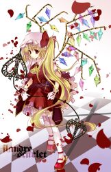  bad_id bad_pixiv_id banned_artist blonde_hair bow checkered embellished_costume flandre_scarlet frills gathers gloves highres laevatein long_hair mary_janes mutsu pantyhose petals ponytail red_eyes ribbon shoes short_hair side_ponytail smile solo tareme touhou very_long_hair white_legwear wings 