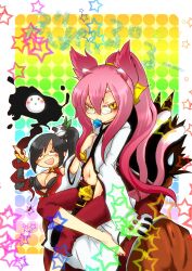  2girls animal_ears animal_tail arakune arc_system_works barefoot bell belt black_hair blazblue blazblue:_calamity_trigger boh_(pixiv422546) breasts candy cat_ears cat_eyes cat_tail cleavage feet female glasses kokonoe lao_jiu litchi_faye_ling lollipop long_hair midriff multiple_girls multiple_tails pink_hair ponytail slit_pupils tail yellow_eyes 