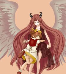  1213kame akura akura_(arc_the_lad) arc_the_lad choco_(arc_the_lad) choko_(arc_the_lad) closed_eyes dress female girl horns long_hair red_eyes red_hair red_hair ribbon short_twintails twintails twintails very_long_hair wings yellow_ribbon 