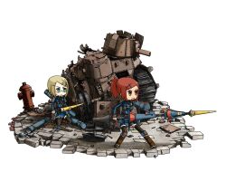  2girls bad_link blonde_hair blue_eyes brown_eyes chibi fingerless_gloves gloves hair_ornament juno_coren military military_uniform military_vehicle motor_vehicle multiple_girls open_mouth ramona_linton red_hair senjou_no_valkyria_(series) senjou_no_valkyria_1 short_hair skirt tank uniform weapon wood_k 