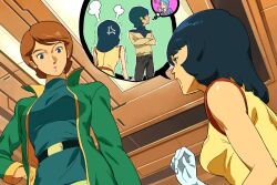  angry black_hair blue_eyes brown_hair camille_bidan fa_yuiry four_murasame from_below gloves green_hair gundam heart kamille_bidan opocom reccoa_londe volvox zeta_gundam 