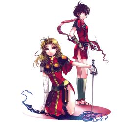  2girls angorilla armor bad_id bad_pixiv_id black_eyes black_hair blonde_hair bridal_gauntlets gensou_suikoden gensou_suikoden_i gensou_suikoden_ii gloves highres kasumi_(suikoden) kneeling long_hair multiple_girls ninja open_mouth painttool_sai_(medium) purple_eyes sandals scarf short_hair sword valeria_(suikoden) weapon 