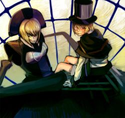  arc_system_works blazblue blazblue:_calamity_trigger blonde_hair blue_eyes cape carl_clover claws glasses gloves hat headdress kimchi1uva lolicon long_arms nirvana robot sitting top_hat 