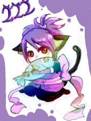  animal_ears black_hair chibi feline female female fish oekaki sheena_fujibayashi short_hair solo tail tales_of_(series) tales_of_symphonia 