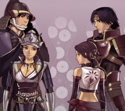  2boys 2girls armor black_hair breasts brown_eyes brown_hair cleavage female headband helmet inahime kunoichi_(sengoku_musou) long_hair male multiple_boys multiple_girls nokekita sanada_yukimura sanada_yukimura_(sengoku_musou) sengoku_musou short_hair yukitada 