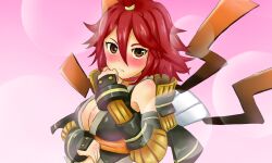  .hack//g.u. .hack//link armor bandai blush body_blush breasts brown_eyes cleavage cyber_connect_2 female female gauntlets gradient gradient_background ka-9 red_hair red_hair short_hair solo yowkow yowkow_(.hack//) 