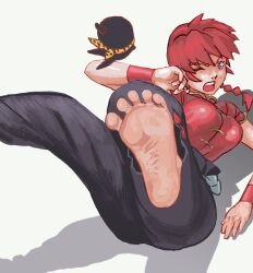  armband barefoot blue_eyes braid braided_ponytail chinese_clothes commentary english_commentary falling feet female genderswap_(mtf) lyk p-chan pants piglet ranma-chan ranma_1/2 red_hair rule_63 soles tangzhuang toes wrinkled_skin 