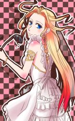  apron blonde_hair blue_eyes blush body_blush cosmos_(dff) dissidia_final_fantasy female female final_fantasy gradient_hair long_hair looking_back multicolored_hair red_hair red_hair solo tukisiro 