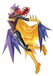  barbara_gordon batgirl batman_(series) blue_eyes bodysuit cape dc_comics female female full_body gloves highres latex long_hair mask petri red_hair red_hair smile solo 