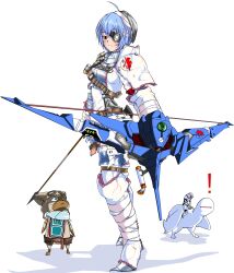  armor arrow ayanami_rei bandages belt blue_hair blush bow_(weapon) crossover eva_00 eyepatch feline felyne female highres khezu luceva mass_production_eva monster monster_hunter neon_genesis_evangelion nerv red_eyes simple_background weapon 