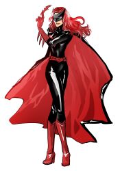  batman_(series) batwoman bodysuit boots cape dc_comics female female full_body gloves highres latex lipstick long_hair makeup mask petri red_hair red_hair simple_background solo standing white_background 