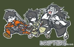  3boys bow_(weapon) copyright_name drifters japanese_clothes male_focus multiple_boys nasu_no_yoichi oda_nobunaga oda_nobunaga_(drifters) shimazu_toyohisa sword weapon 