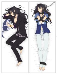  androgynous artist_request black_hair bondage bondage bound chains collar dakimakura long_hair lying male male_focus navel nayu open_clothes open_mouth open_shirt repede shirt solo source_request strap tales_of_(series) tales_of_vesperia yuri_lowell 