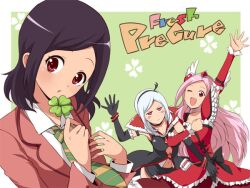  3girls black_hair clover copyright_name cure_passion dark_persona eas four-leaf_clover four_leaf_clover fresh_precure! fresh_pretty_cure! futari_wa_pretty_cure hair_ornament heart_hair_ornament higashi_setsuna magical_girl multiple_girls multiple_persona pink_hair precure pretty_cure red_eyes school_uniform silver_hair title_drop triple_persona 