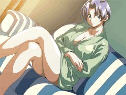  animated animated animated bathrobe big_breasts blue_eyes breasts center_opening cleavage couch green_(game) huge_breasts irresistible large_breasts legs_crossed lowres milf purple_hair sexy short_hair sitting source_request takahashi_kanako 