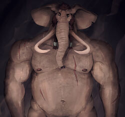  2023 abdominal_scar anthro beard biceps body_scars braided_beard chest_scar clothed clothing deltoids elephant elephantid facial_hair hi_res looking_at_viewer male mammal manly musclegut muscular navel nipples pecs proboscidean scar secret-greed shoulder_scar simple_background solo standing topless topless_male triceps trunk tusks 