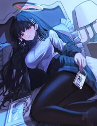  black_hair black_jacket black_pantyhose black_skirt blue_archive breasts bright_pupils commentary doodle_sensei_(blue_archive) female hair_ornament hairclip halo highres id_card indoors jacket kookie lamp large_breasts long_hair looking_at_viewer off_shoulder on_bed pantyhose pillow pleated_skirt red_eyes ribbed_sweater rio_(blue_archive) sensei_(blue_archive) skirt solo sweater tablet_pc turtleneck turtleneck_sweater white_pupils white_sweater 