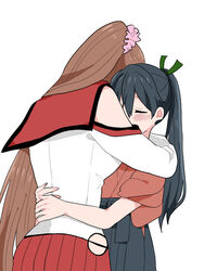  2girls arms_around_neck arms_around_waist bad_id bad_twitter_id black_hair brown_hair closed_eyes commentary_request hair_ornament hair_scrunchie hakama hakama_short_skirt hakama_skirt height_difference houshou_(kancolle) hug japanese_clothes kantai_collection long_hair multiple_girls ponytail scrunchie skirt very_long_hair yamato_(kancolle) yoichi_(umagoya) 