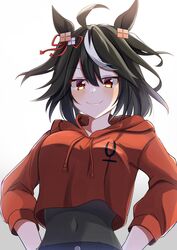  absurdres ahoge animal_ears black_hair breasts cosplay crop_top crop_top_overhang cropped_hoodie female hands_on_own_hips highres hood hood_down hoodie horse_ears horse_girl ines_fujin_(umamusume) ines_fujin_(umamusume)_(cosplay) kitasan_black_(umamusume) long_sleeves multicolored_hair navel orange_eyes orange_hoodie pandoa_(mikage0495) shirt short_hair smile smug solo streaked_hair tight_clothes tight_shirt two-tone_hair umamusume white_hair 