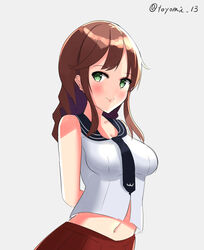  arms_behind_back artist_name blush breasts brown_hair female grey_background kantai_collection long_hair looking_at_viewer medium_breasts navel necktie noshiro_(kancolle) red_skirt shirt skirt sleeveless sleeveless_shirt smile solo toyomi_13 white_shirt 