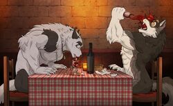  alcohol anthro beverage bfw black_body black_fur brown_body brown_fur canid canine canis chugging clumsy container cup cx drinking drinking_glass duo fur furniture glass glass_container glass_cup grey_body grey_fur humor male mammal muscular muscular_anthro muscular_male mythological_canine mythological_creature mythology sitting table tablecloth throwing were werecanid werecanine werewolf wfa wine wine_bottle wine_glass wolf 