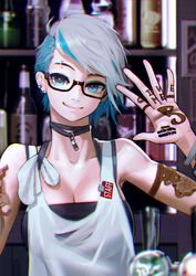  apron arm_tattoo asymmetrical_hair bar_(place) bartender black-framed_eyewear blue_eyes blue_hair breasts choker cleavage collarbone commentary_request ear_piercing english_text engrish_text eyebrow_piercing female glasses hand_tattoo highres hiragana_oufu large_breasts lips looking_at_viewer multicolored_hair original piercing punk ranguage ribbon_choker semi-rimless_eyewear short_hair silver_hair smile solo split-color_hair tattoo two-tone_hair under-rim_eyewear undercut 