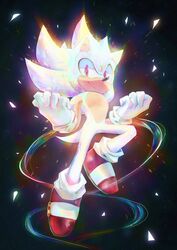  2020 absurd_res anthro clothing eulipotyphlan floating footwear gloves glowing glowing_body handwear hedgehog hi_res hyper_sonic iridescent male mammal multicolored_body red_eyes shoes smile solo sonic_the_hedgehog sonic_the_hedgehog_(series) spacecolonie 