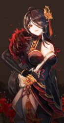  2023 ara_haan black_dress black_gloves breasts brown_hair buding_i cleavage cowboy_shot dated devi_(elsword) dress elsword female gloves hair_over_one_eye hand_on_own_hip large_breasts long_hair looking_at_viewer open_mouth solo standing yellow_eyes 