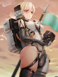  armor backpack bag blonde_hair blurry blurry_background blush breasts closed_mouth crotch_strap doyouwantto elbow_gloves female flag genderswap_(mtf) gloves kojima_productions ludens mascot medium_breasts rule_63 shiny_skin short_hair skindentation solo standing thighs yellow_eyes 