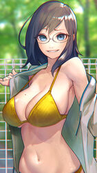  bare_shoulders bikini blue_eyes breasts brown_hair chromatic_aberration cleavage commentary_request female glasses grin highres hiragana_oufu large_breasts looking_at_viewer mole mole_on_breast navel original rimless_eyewear smile smirk solo strap_gap swimsuit tree undressing yellow_bikini 