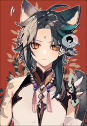  1boy ? ahoge animal_ears aqua_hair arm_tattoo armor asymmetrical_clothes bad_id bad_twitter_id bead_necklace beads black_hair cat_ears cat_tail closed_mouth commentary facial_mark forehead_mark genshin_impact gradient_hair jewelry male_focus mikoccccchan multicolored_hair necklace red_background shoulder_armor simple_background solo spikes spoken_question_mark symbol-only_commentary tail tassel tattoo twitter_username upper_body xiao_(genshin_impact) yellow_eyes 