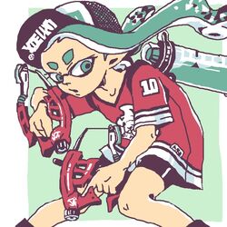  aqua_eyes aqua_hair black_hat black_shorts blue_eyes blue_hair commentary_request dapple_dualies_(splatoon) dual_wielding female green_background gun hat holding holding_gun holding_weapon inkling inkling_girl inkling_player_character katsu_noha long_hair open_mouth red_shirt shirt short_sleeves shorts simple_background solo splatoon_(series) tentacle_hair weapon white_background 