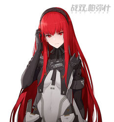  arm_at_side arm_up bodysuit breasts character_request closed_mouth copyright_name covered_navel expressionless female grey_background hair_tucking hairband head_tilt highres long_hair looking_at_viewer medium_breasts mole mole_under_eye pandea_work punishing:_gray_raven red_eyes red_hair sidelocks simple_background solo very_long_hair 