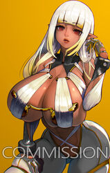  abs black_gloves blunt_bangs breasts cleavage commentary_request commission dark-skinned_female dark_elf dark_skin elf english_text facing_viewer female freckles gloves halterneck hand_on_own_thigh highres hiragana_oufu huge_breasts impossible_clothes lips navel no_pupils original pants pointy_ears red_eyes revealing_clothes skindentation solo thick_thighs thighs two-tone_gloves underboob white_hair white_pants yellow_background yellow_gloves 