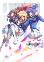  3girls aikatsu! aikatsu!_(series) black_legwear blonde_hair blue_eyes blue_hair blue_jacket blue_scrunchie boots border bow breasts brown_hair chikichi closed_mouth commentary footwear_bow full_body girl_sandwich hair_ornament hair_ribbon hair_scrunchie hands_up happy high_heels highres holding_hands hoshimiya_ichigo jacket jumping kiriya_aoi knee_boots kneehighs knees_together_feet_apart leg_up long_hair long_sleeves miniskirt multiple_girls neck_ribbon one_side_up open_mouth outside_border plaid plaid_scrunchie pleated_skirt purple_eyes red_eyes red_ribbon ribbon sandwiched school_uniform scrunchie shibuki_ran shirt skirt small_breasts smile socks soleil_(aikatsu!) sparkle starlight_academy_school_uniform swept_bangs white_border white_bow white_footwear white_shirt white_skirt 