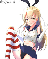  animal_ears artist_name black_panties blonde_hair blue_skirt breasts commentary_request crop_top elbow_gloves fake_animal_ears female gloves hand_up highleg highleg_panties kantai_collection long_hair looking_at_viewer miniskirt navel panties pantyshot rabbit_ears shimakaze_(kancolle) shirt skirt small_breasts smile solo striped_clothes striped_thighhighs thighhighs toyomi_13 underwear white_background white_gloves white_shirt yellow_eyes 