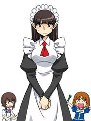  3girls alternate_costume anne_shelley anne_shelley_(cosplay) apron arms_up ascot black_dress black_eyes black_hair blue_choker blue_dress blunt_bangs bow bowtie brown_eyes brown_hair choker closed_eyes collared_dress commentary_request cosplay dress dress_shirt enmaided frown girls_und_panzer holding juliet_sleeves katarina_claes katarina_claes_(cosplay) keith_claes keith_claes_(cosplay) light_frown long_hair long_sleeves maid maid_apron maid_headdress mature_female mother_and_daughter multiple_girls nishizumi_maho nishizumi_miho nishizumi_shiho oosaka_kanagawa open_mouth otome_game_no_hametsu_flag_shika_nai_akuyaku_reijou_ni_tensei_shite_shimatta own_hands_together partial_commentary puffy_sleeves purple_bow purple_bowtie red_ascot scar scar_on_face scar_on_forehead shirt short_hair short_sleeves siblings sisters smirk snake straight_hair suspenders sweatdrop toy v-shaped_eyebrows v_arms white_apron white_background white_headwear white_shirt wing_collar 