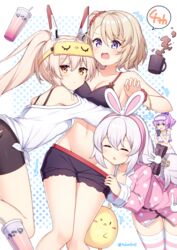  4girls :d ^^^ ahoge anchor_hair_ornament animal_ears arrow_(symbol) ass_visible_through_thighs ayanami_(azur_lane) ayanami_(off-duty_battle_station_gear)_(azur_lane) azur_lane azur_lane:_slow_ahead back bandaid bandaid_on_arm bare_shoulders bike_shorts black_camisole black_ribbon black_shorts blonde_hair bloomers blue_eyes blush bra_strap bracelet breasts bubble_tea camisole cellphone cleavage closed_eyes closed_mouth clothes_pull collarbone commentary_request cowboy_shot crop_top cup eye_mask fake_animal_ears groin hair_between_eyes hair_ornament hair_ribbon hairband headgear high_ponytail high_side_ponytail highres holding holding_phone hug javelin_(azur_lane) javelin_(operation:_pillow_fight!)_(azur_lane) jewelry laffey_(azur_lane) laffey_(sleep_to_clean_another_day)_(azur_lane) long_hair long_sleeves looking_at_another looking_at_viewer loungewear manjuu_(azur_lane) medium_breasts midriff milk mug multiple_girls navel off_shoulder official_alternate_costume open_mouth phone pink_hairband pink_shirt polka_dot polka_dot_shirt ponytail pulling_another&#039;s_clothes purple_hair purple_ribbon rabbit_ears red_scrunchie ribbon scrunchie shirt short_hair shorts shorts_pull side_ponytail sidelocks skindentation smartphone smile speech_bubble standing striped_clothes striped_thighhighs t@ke-g thighhighs tied_shirt twitter_username underwear white_background white_bloomers white_camisole white_hair white_shirt wide_ponytail wrist_scrunchie yellow_eyes z23_(azur_lane) z23_(keeper_of_the_comf-fort)_(azur_lane) zzz 