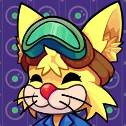  1:1 2023 anthro bayronbun closed_eyes clothing eyewear eyewear_on_head felid feline fur goggles goggles_on_head inner_ear_fluff male mammal nintendo smile solo spitz_(warioware) tuft warioware whiskers yellow_body yellow_fur 